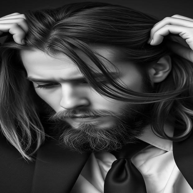 Ein nachdenklicher Mann mit langen Haaren und Bart, gekleidet in Anzug und Krawatte.