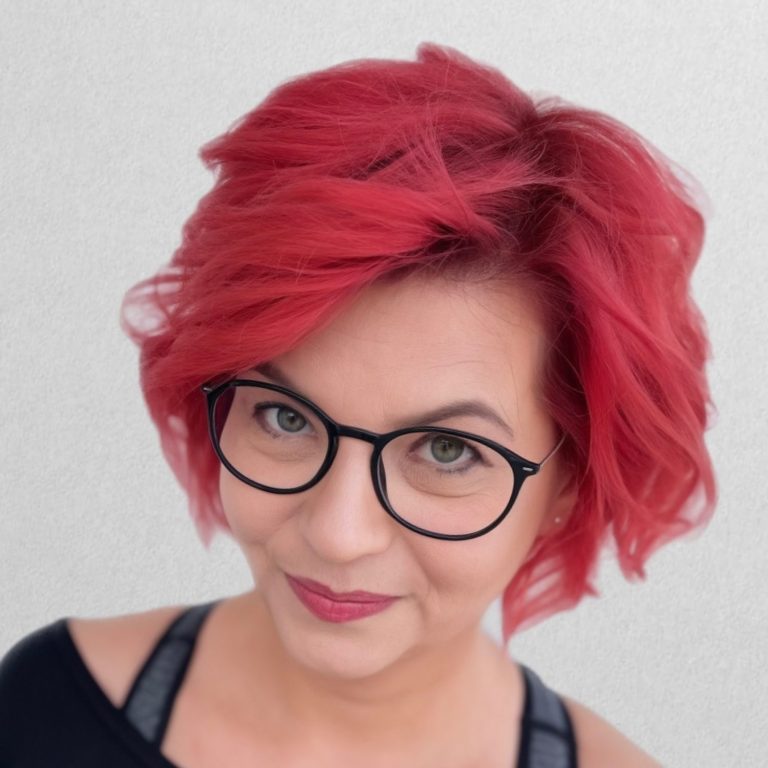 Frau mit rotem, lockigem Haar und Brille, lächelt in die Kamera.